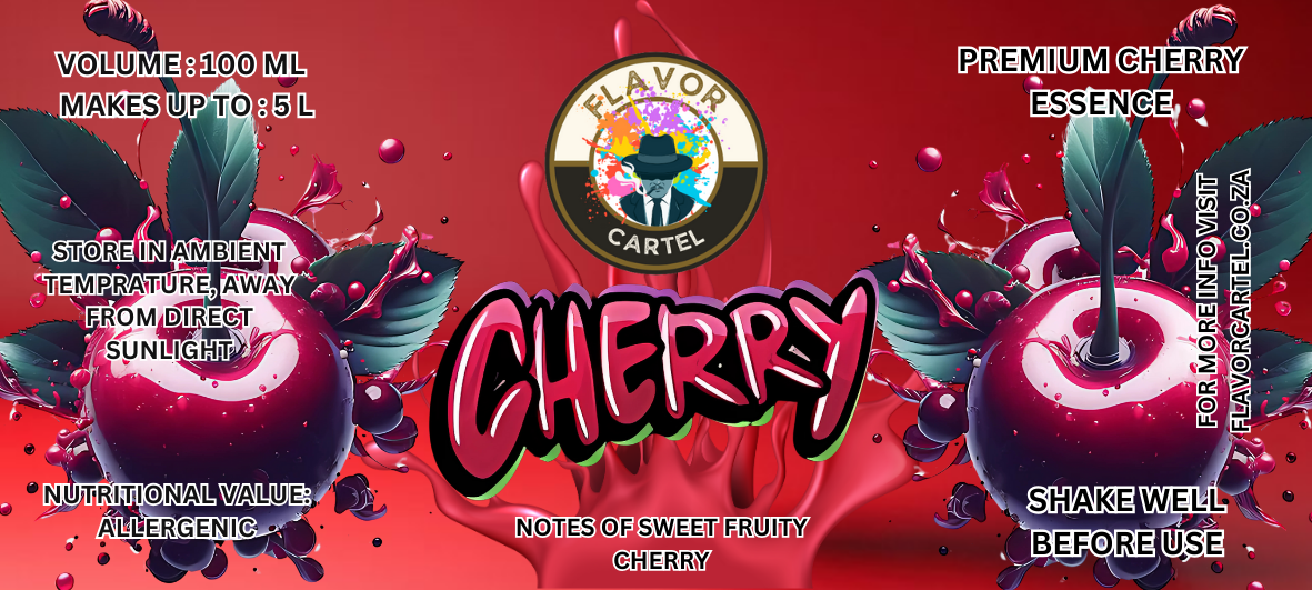 A vibrant design showcasing a premium cherry essence with an illustration of cherries and leaves, featuring usage instructions and branding for Flavor Cartel.