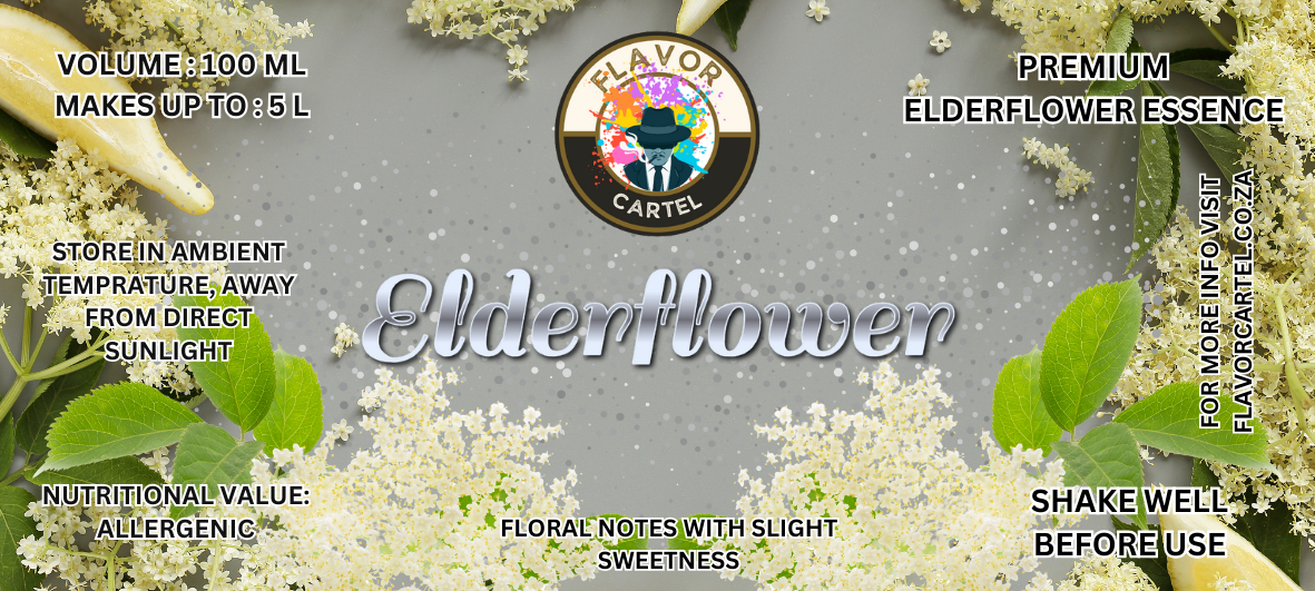 Label featuring details about a 100 ml elderflower essence, highlighting its preparation instructions, nutritional value, and flavor notes.