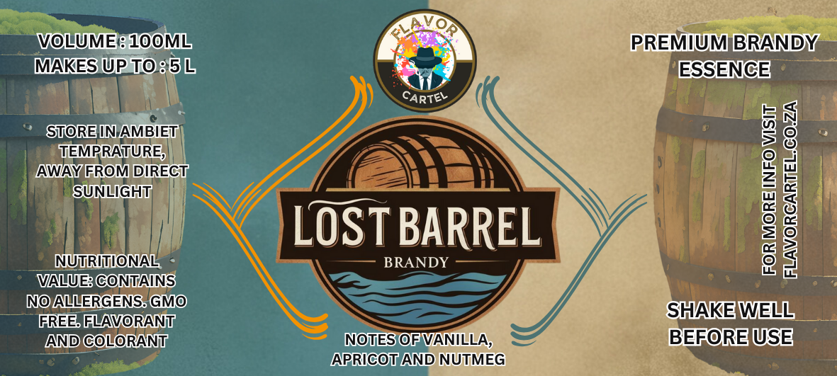 A vibrant label showcasing "Lost Barrel Brandy Essence," highlighting its premium essence, notes of vanilla, apricot, and nutmeg, with storage instructions and nutritional information.