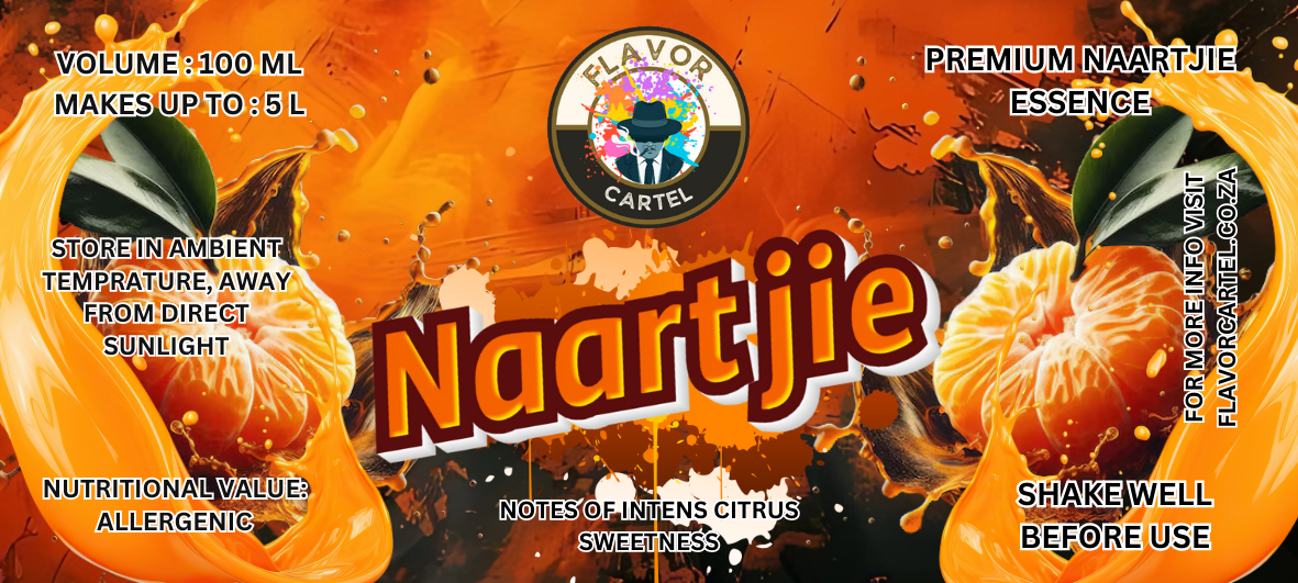 Colorful packaging for Naartjie essence featuring notes of citrus sweetness, volume details, and storage instructions.