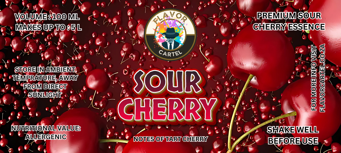 Sour Cherry Essence:A vibrant image showcasing the Sour Cherry flavor essence packaging, highlighting its volume of 100 ml, usage instructions, and aesthetic red cherry background.
