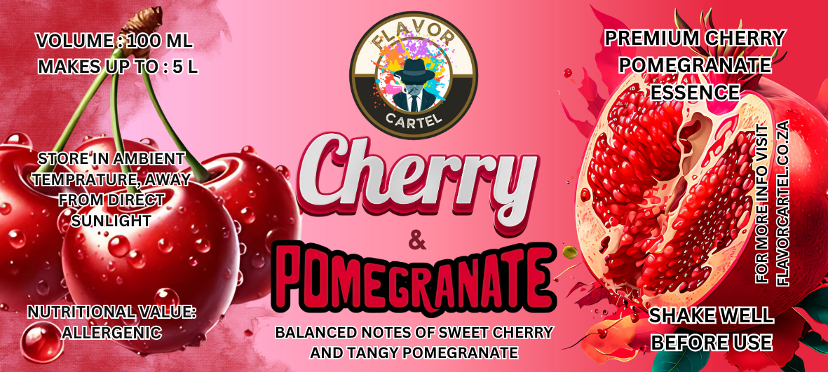 A vibrant label showcasing cherry and pomegranate essence, highlighting its volume, nutritional info, and usage instructions, with a colorful and appealing design.