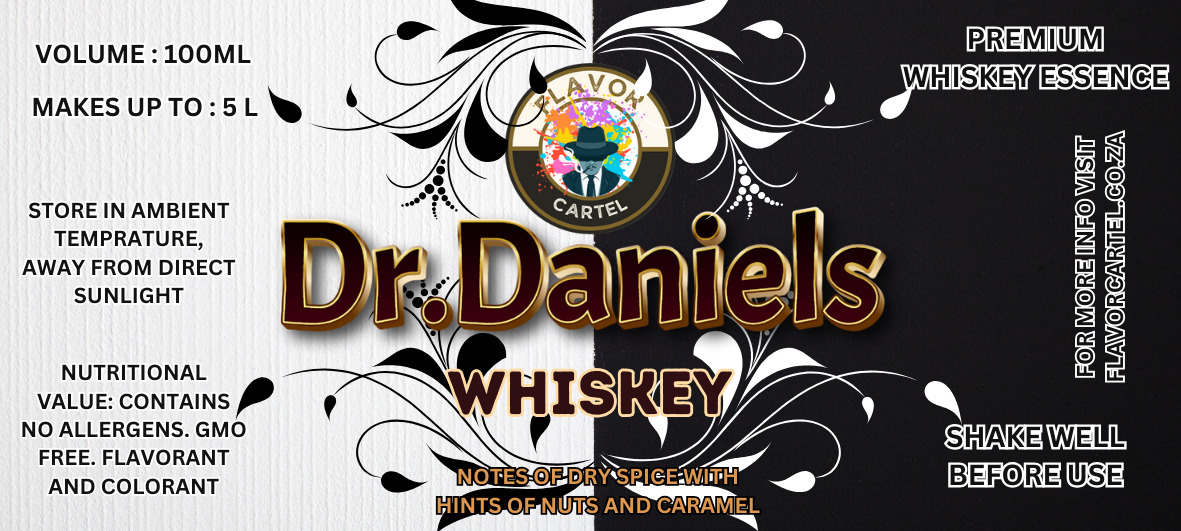 Dr. Daniels Whiskey Essence::Premium whiskey essence featuring dry spice notes with hints of nuts and caramel, packaged in a 100ml bottle.