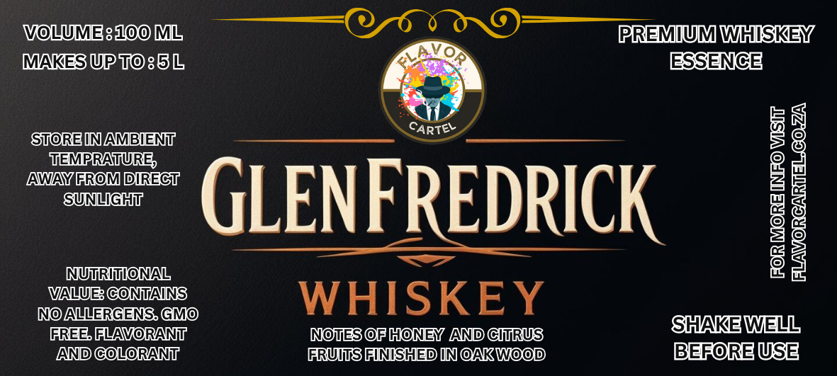 A promotional image for GlenFredrick Whiskey Essence, detailing its features, storage instructions, and nutritional information.